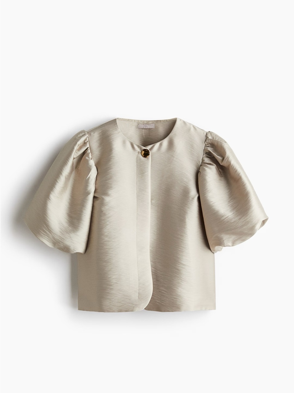 H&M Satin Puff-Sleeve Short Jacket in Light Beige
